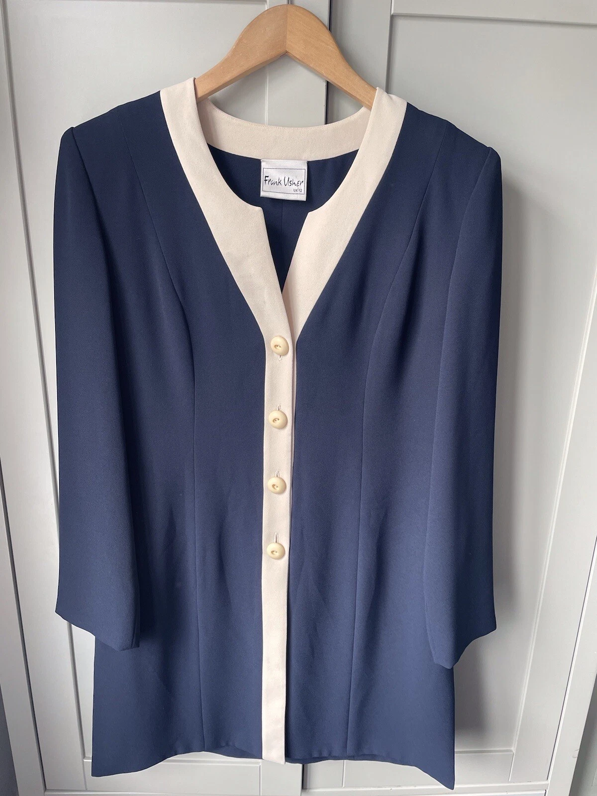 Vintage Designer Frank Usher Navy Cream long collarless jacket overcoat UK 12