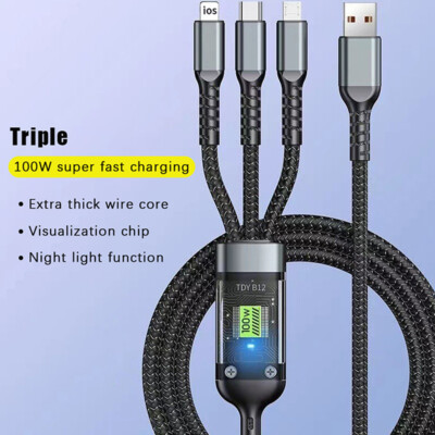 3-in-1 100W Fast Charging USB To Type-C Micro Fast Charger Cable Mobile PhoYR