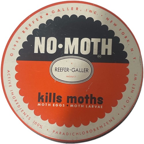 Vintage Reefer-Galler No Moth Empty Tin Can 1950’s Black Orange 4 1/4" diameter - Picture 5 of 7