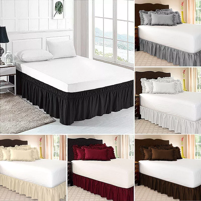 Wrap Around Easy Fit Bed Skirt Bedding Valance Elastic Band Bed Apron  Ruffled