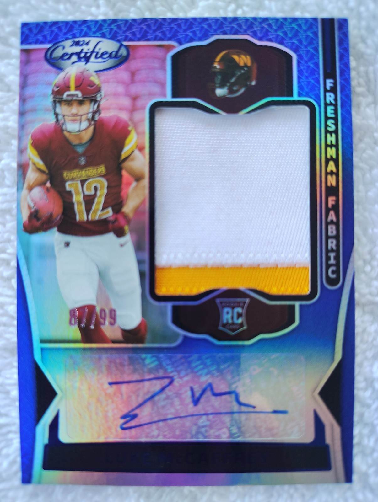 2024 PaniniCertified FreshmanFabric Signatures Luke McCaffrey #FMS-LMY Blue /99 