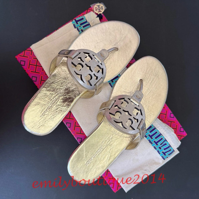#ad NIB Tory Burch Miller Size 10.5 Spark Gold Metallic Wrinkled Leather Sandals $139.00