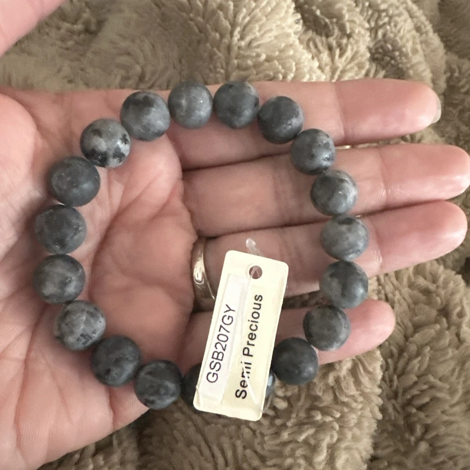 NWT Pomina Black Gray Amazonite Stone Beaded Bracelet Stretch Semi-Precious — 第 2/2 张图片