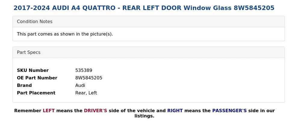 AUDI A4 QUATTRO 2017-2024 - PUERTA TRASERA IZQUIERDA VENTANA CRISTAL 8W5845205 Foto 3 de 4