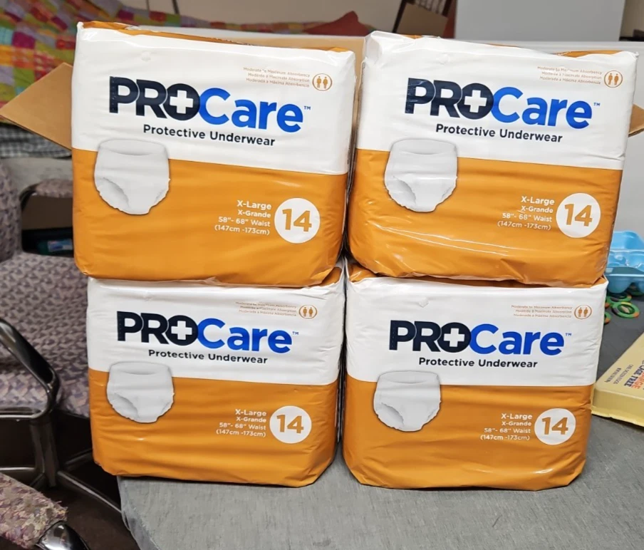 4 NEW PROCare Protective Underwear/ Diaper X-Large 56 Count total 58 X 68 waist