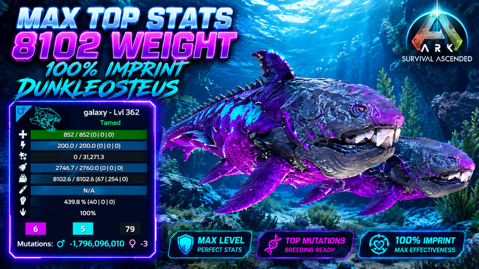 ⚡ARK Survival Ascended PvE Dunkleosteus Final Max Top 8102 Peso