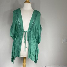 Elan Women’s Green Gauzy Rayon Crochet Tie Front Kimono Size XS Beach Tropical