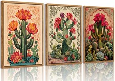 Mexican Cactus Floral Canvas Wall Art Set of 3 Southwest Saguaro Wall Decor T...