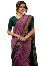 Pappylon Women Kanjivaram Soft Cotton Linen Silk Saree With Blouse Light Purple