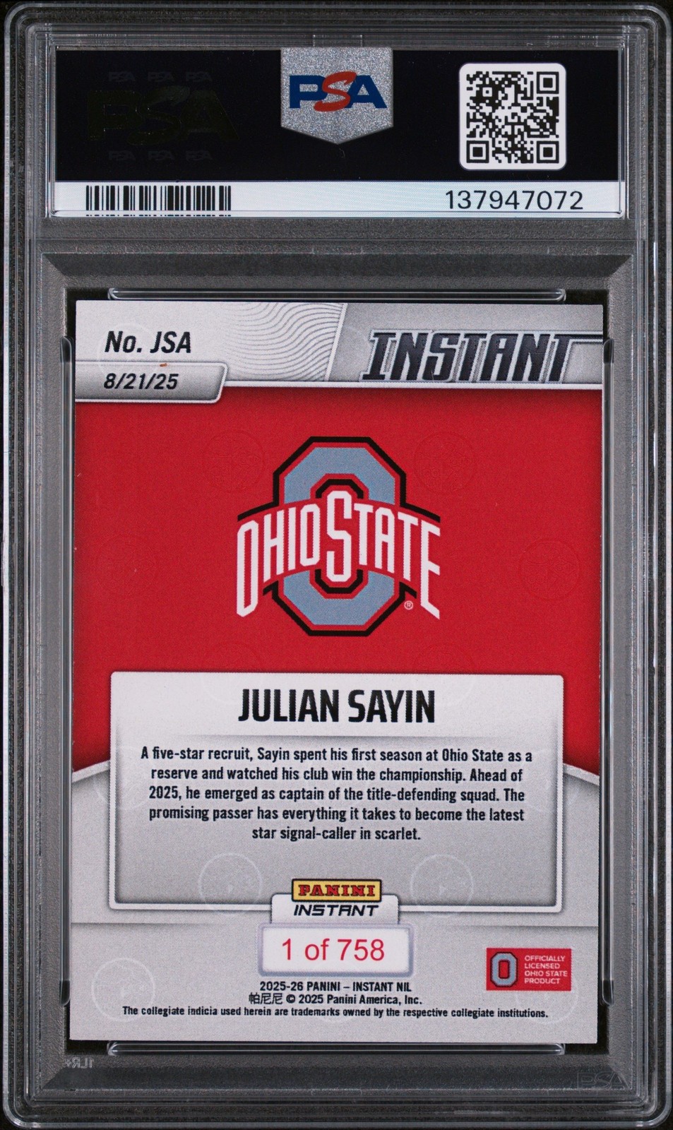 Graded 2025 Panini Instant NIL Julian Sayin #JSA Rookie RC Card PSA 10 view 2