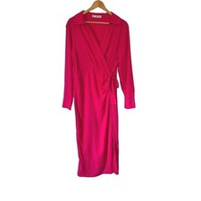 MANGO Bow Shirt Dress Fuchsia Pink Linen Blend Wrap Effect Midi Cocktail Work 8
