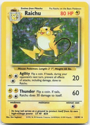 Raichu Holo Rare Base Set (Shadowless) BSS Lightning Unlimited Holo 014/102 1999
