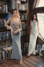 Mac Duggal 2256 Gray Beaded Square Neck Long Sleeve Jersey Gown Sz 10 NEW