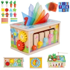 6-in-1 Montessori Tissue Box Toy for 6+ Months Baby, Wooden Activity Cube, Pu...