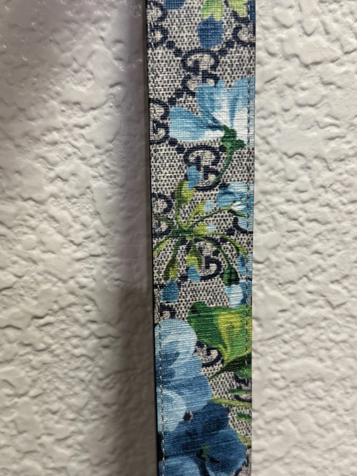 Cinturón Gucci GG Flor PVC Cuero Hebilla Plateada Azul Floral Talla 90/36 Foto 4 de 4