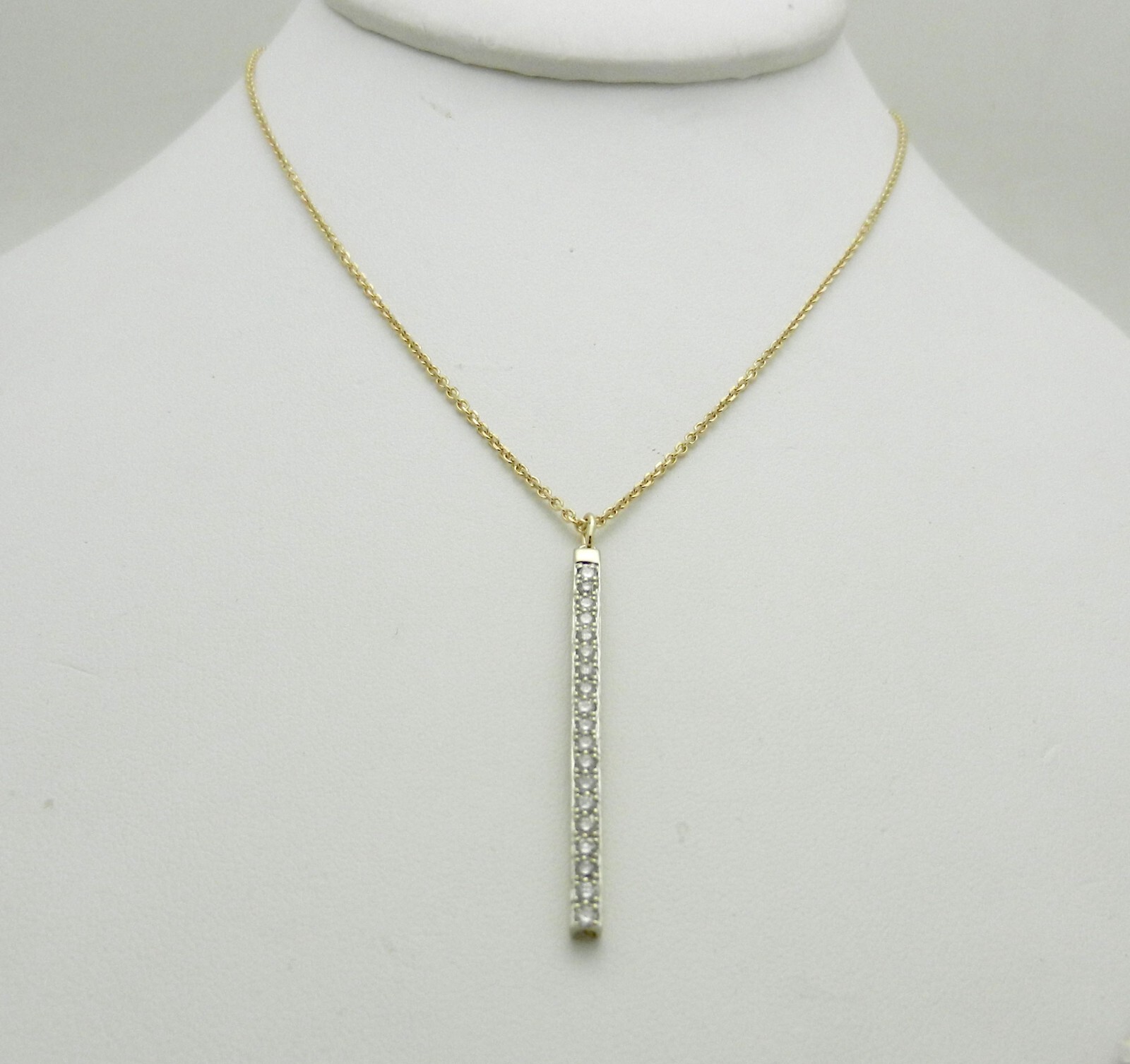 Long Bar Drop Pendant Charm with Line of Natural Diamonds 14k Gold