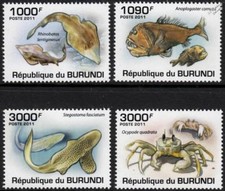 MARINE LIFE Fish/Guitarfish/Fangtooth/Zebra Shark/Crab Stamp Set (2011 Burundi)