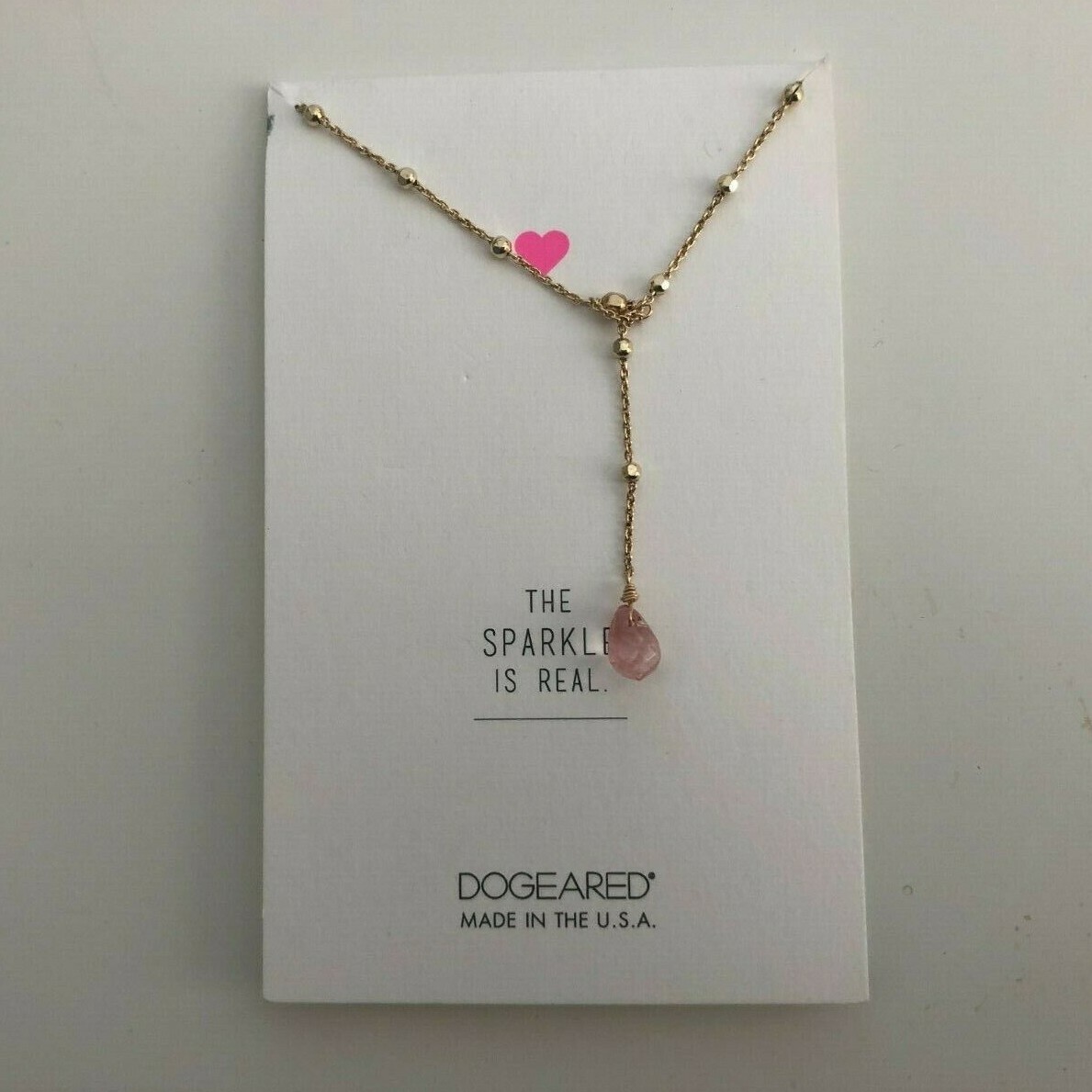 DOGEARED 925 Sterling Silver Rose Quartz Necklace Gold Dipped Beaded Chain