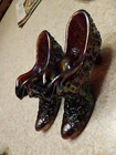 Pair 2 Fenton Art Glass Daisy & Button Cat Slipper Shoe Plum Opal Carnival Glass