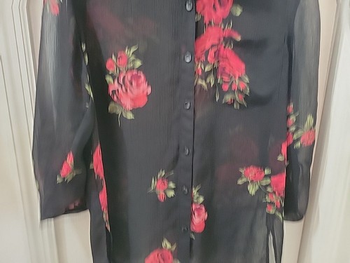 JM Collection Button Up Blouse Long Sleeve Sheer Black Red Floral Womens Size 10 - Picture 5 of 10