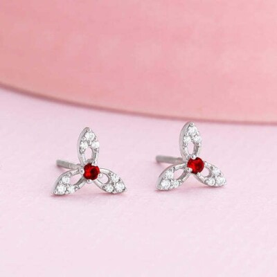 Round Simulated Red Ruby Women's Stunning Stud Earring In 14K White Gold Plated