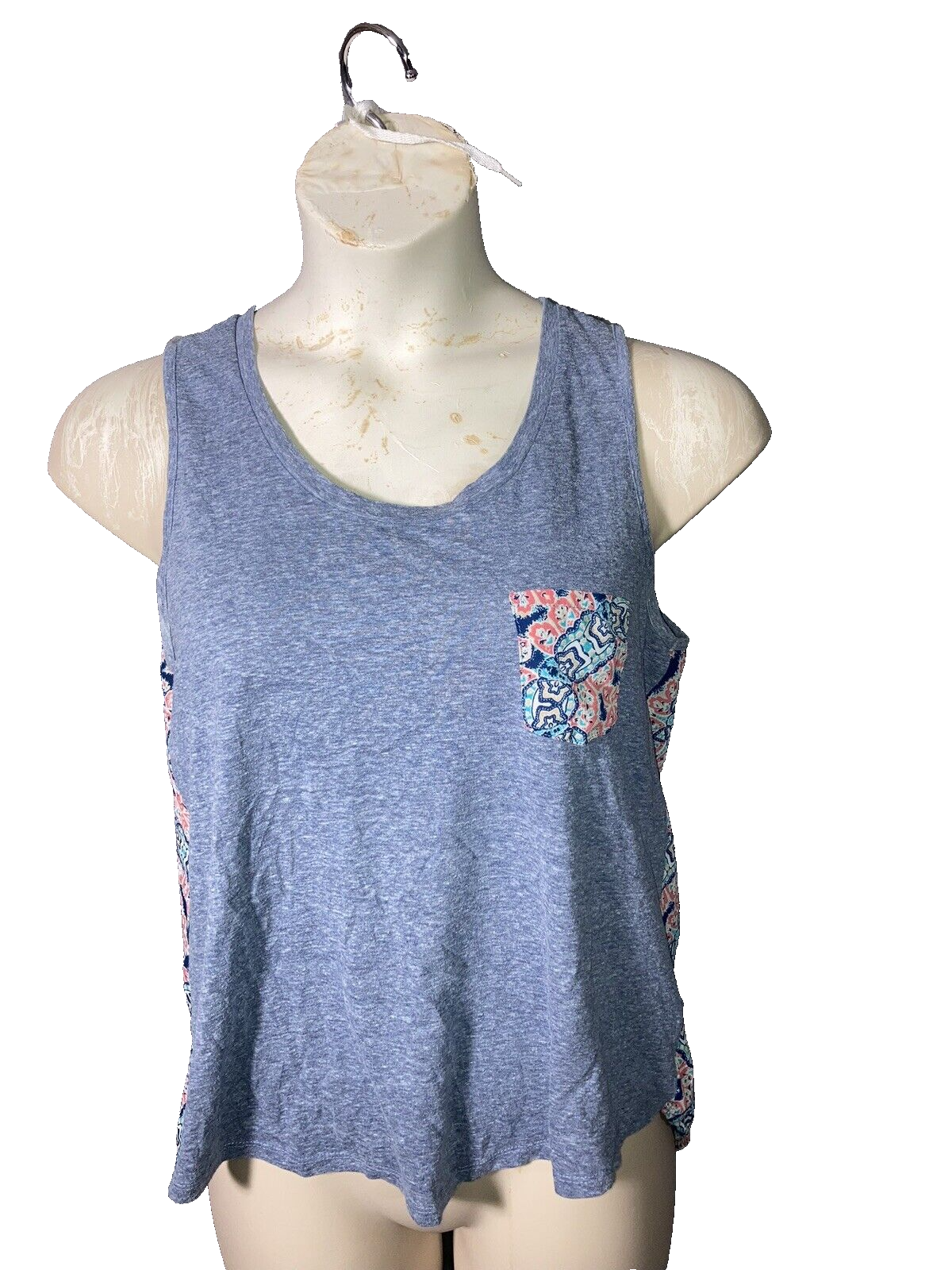 Liberty Love Women's Sheer Geometric Back High Low Tank Blue Red Top Size L