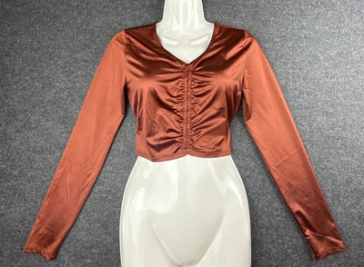 Calia Womens Small Ruched Rash Guard Crop Top Brown Long Sleeve Swim Top NWT