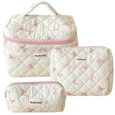 3 Pcs Makeup Bag Set, Quilted Cute Cotton Pouch, Polka Dot Travel F
