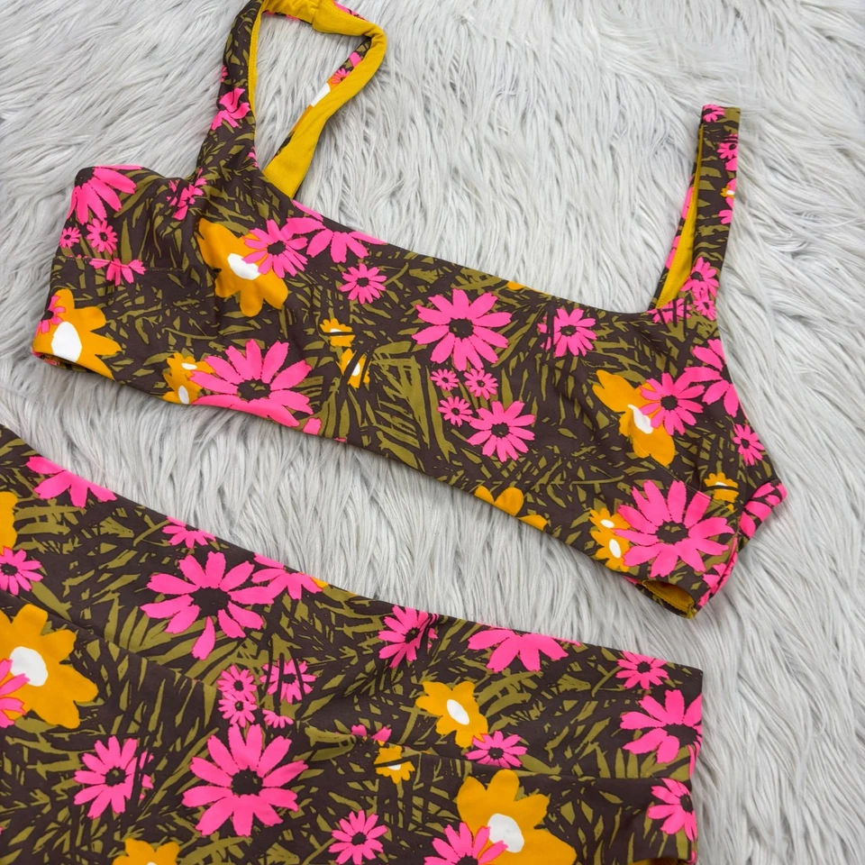Aerie Women's XL Pink Green Yellow Floral Bikini Swimsuit High Cut Cheeky Scoop - Image 3 of 4