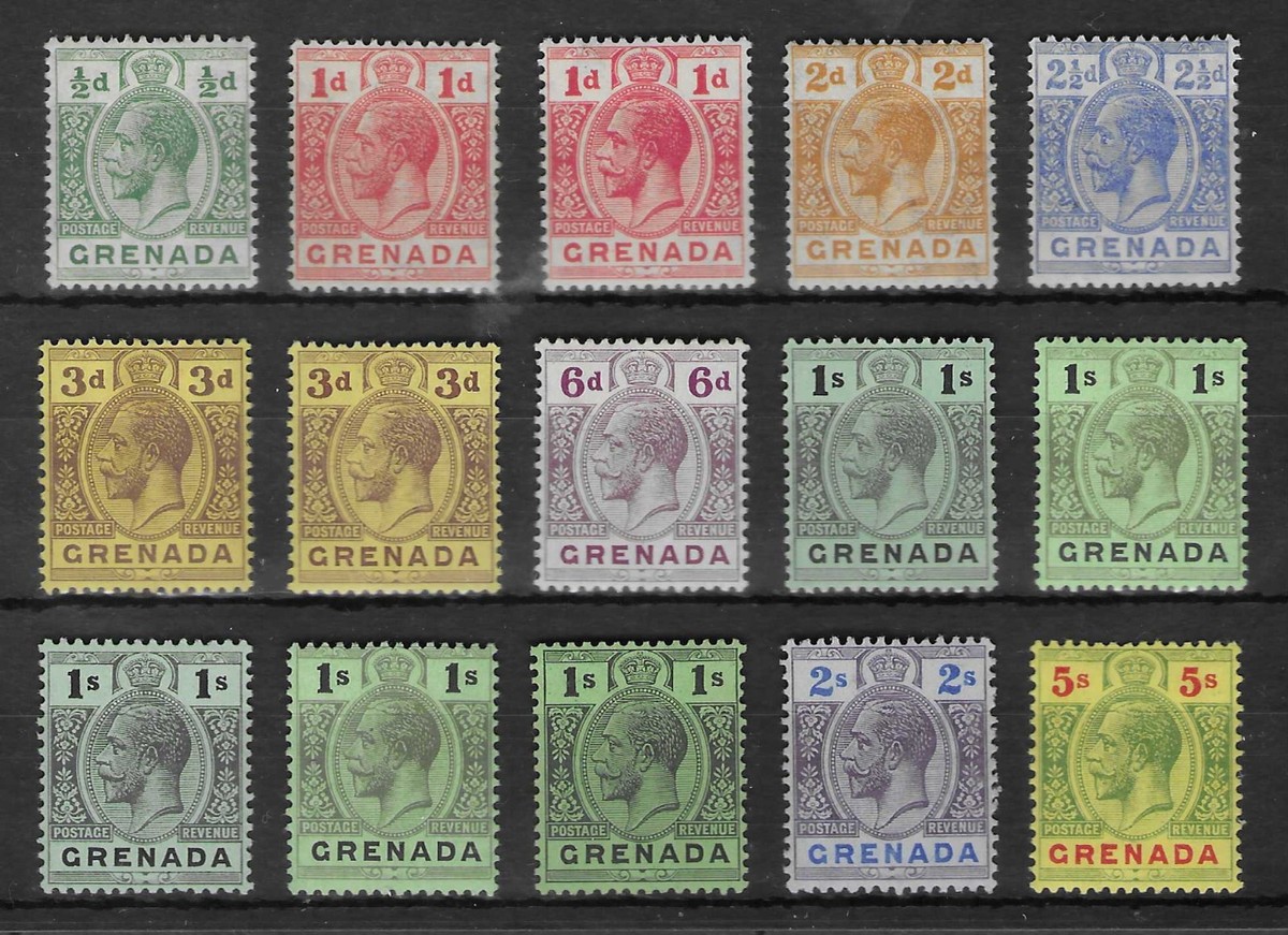 GRENADA 1913-22 MULTI CROWN CA SET TO 5/- MH WITH SHADES. SG 90