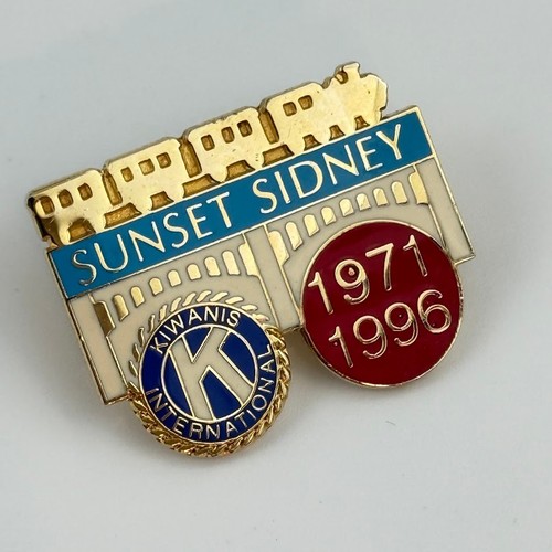 Kiwanis International Sunset Sidney Enameled Metal PINBACK Pin Train Gold Tone