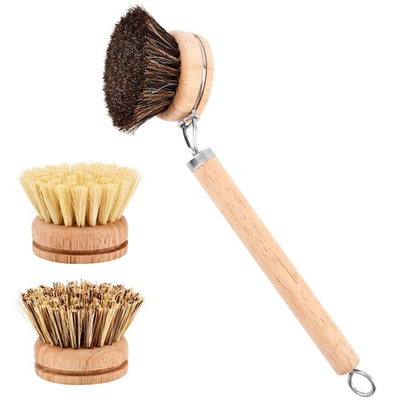 #ad Bamboo Dish Brush Set 1 Wooden Handle with 3 Natural Bristle Heads All Purpose $13.22