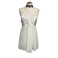 Vtg Y2K Beaded Embroidered Floral Satin Mesh Coquette Cottage Fairy White Slip