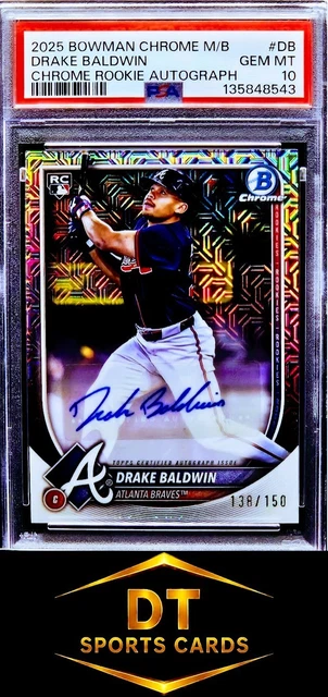 2025 BOWMAN CHROME M/B DRAKE BALDWIN #CRA-DB (RC) AUTO /150 PSA 10 GEM MINT POP8