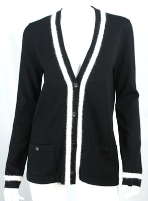 CHANEL Black Wool Knit Contrast Trim Button-Front Cardigan Sweater 40