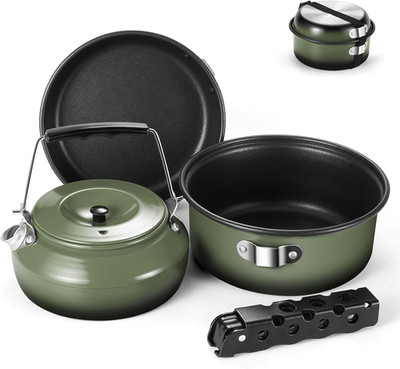 5Pcs Camping Cookware Non-Stick Camping Pot and Pan Set with Kettle and Removabl