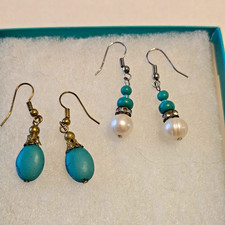 Lot of 2 Turquoise Oval Bead & Faux Pearl Dangle/Drop Hook Earrings Set