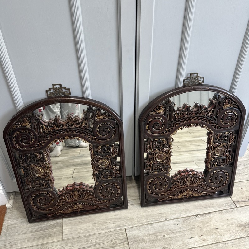 Pr Antique Chinese Red Brown Chinoiserie Gilt Carved Wall hanging Mirrors