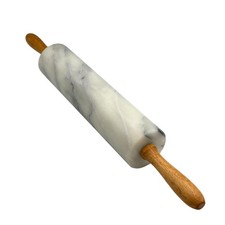 Vtg Artisanal Kitchen Baking White Marble 18" Rolling Pin Wooden Handles Heavy
