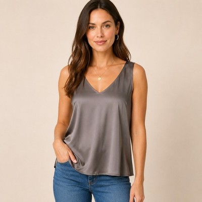 DAISY SILK 100% Mulberry Silk V-Neck Sleeveless Shell Tank Top Taupe Sz XL