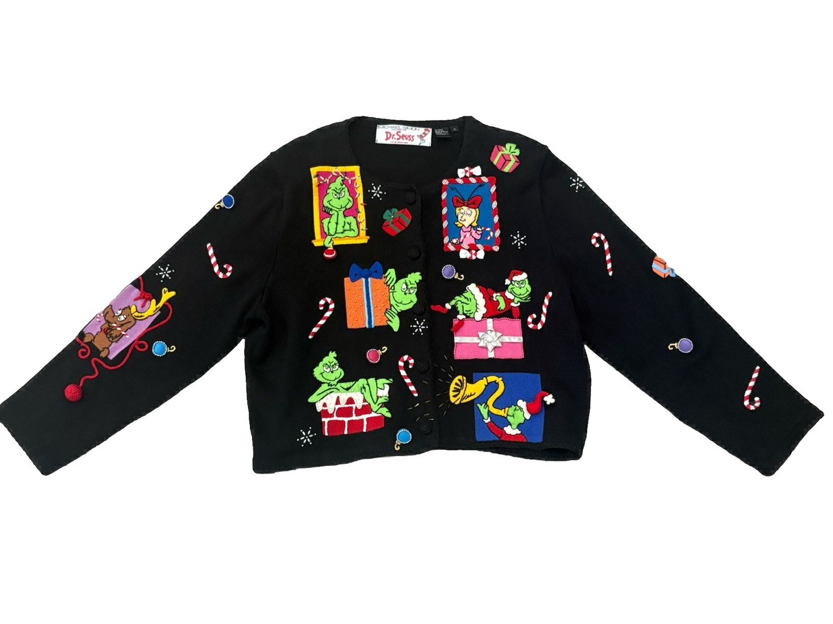 VTG 2000 Michael Simon GRINCH XMAS Cardigan Sweater Button/Embroidered Beaded XL
