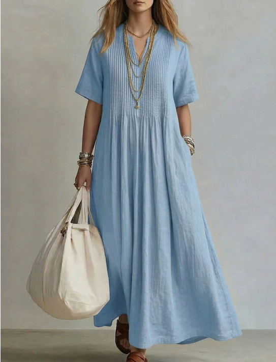 boho maxi dress size 16 Ladies Summer Long V Neck Pleated Short Sleeve Cotton Linen Train length:Chapel train - drags 18-22in (45-55cm) - medium length Light Blue Coast Corsage The Bold Floral Print Short Sleeves Dresses