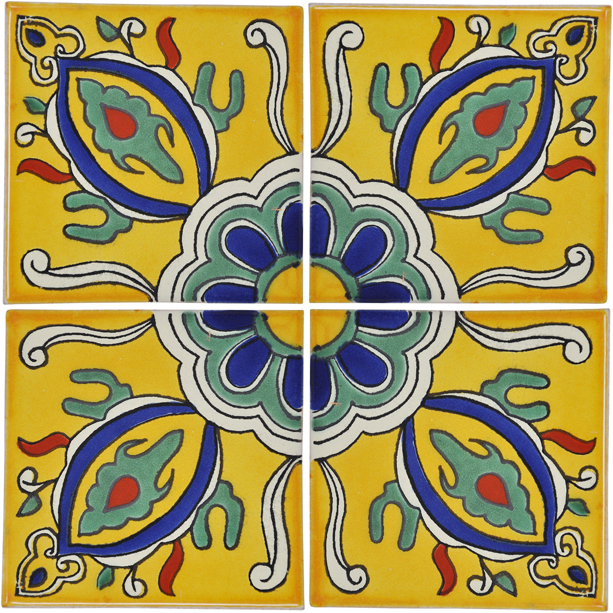 4 x Orlando - Handmade Mexican Ceramic Talavera Large 10.5cm Tiles (21cm x 21cm)