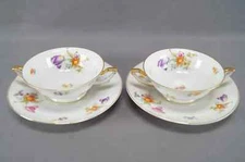 Pair of Thomas Bavaria Lakewood Pattern Dresden Flowers & Gold Cream Soup Bowls