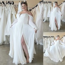 Chiffon Wedding Dress Side Split Off  Shoulder Plus Size Long Sleeve Bridal Gown