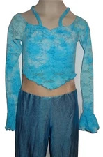 Kelle Dance Costume Turquoise Blue One Pc Long Shiny Pants Lace Mesh Sz Small JB