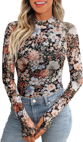 Floral Mesh Mockneck Long Sleeve Shirts for Women with Thumb Hole Fall Outfits - Picture 3 of 18