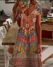Boho Dress Floral Print V Neck New Midi Small