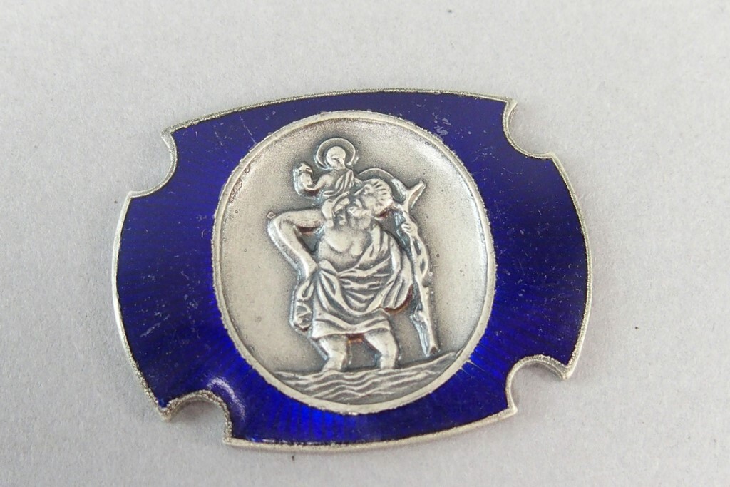 kleine alte Emaille Auto Plakette - St. Christophorus - vintage car badge - blau