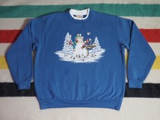 VTG 90s Morning Sun Winter Snowman XMas Holiday Blue Pullover Sweatshirt L